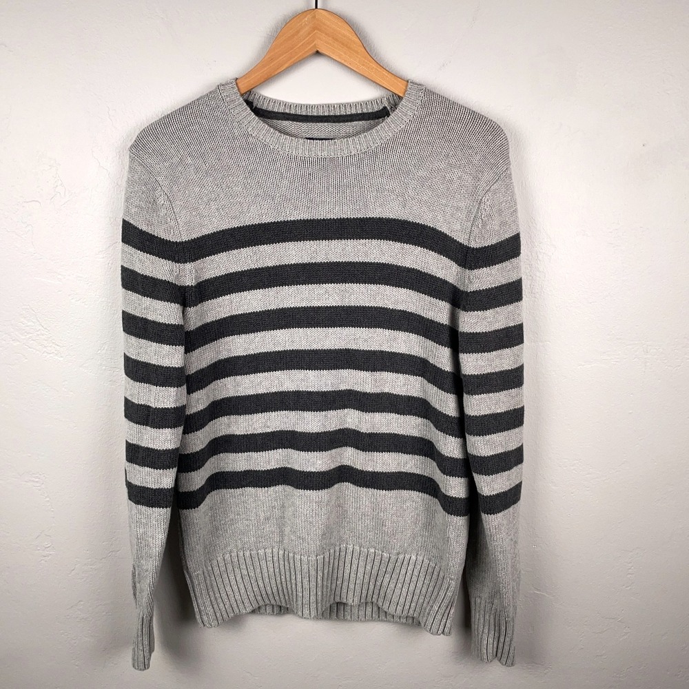 Gap Sweater Men Small Knit 100% Cotton Striped Gray Pullover Crewneck Y2K 90s